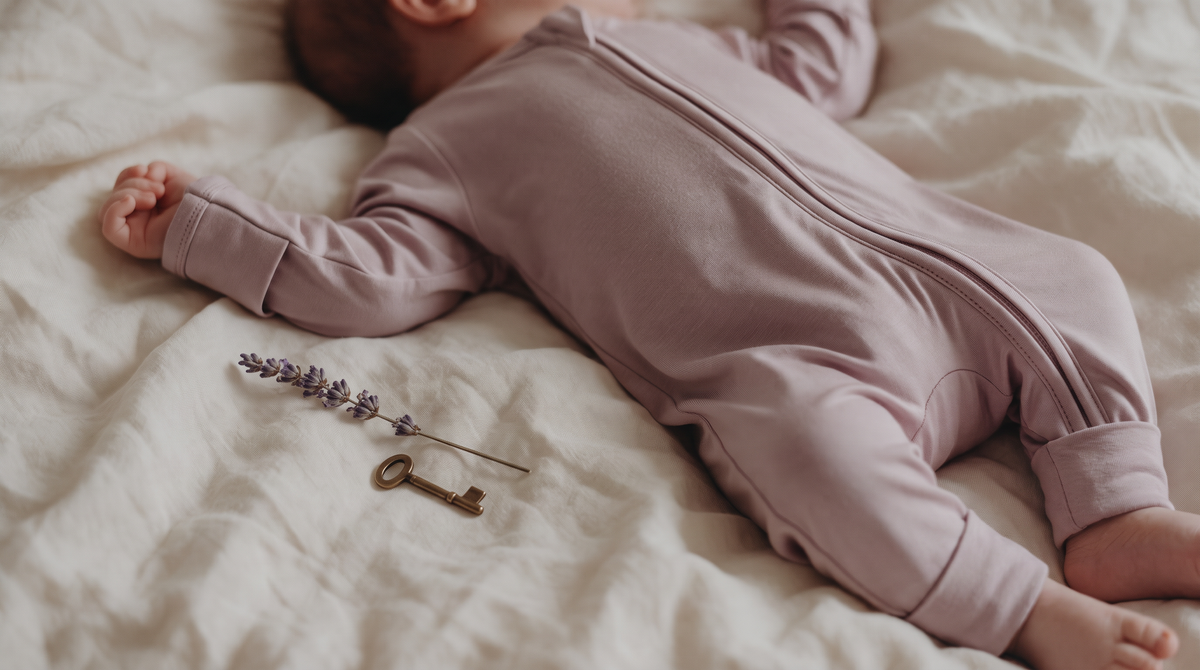 GLYN & CO. campaign mood: newborn in the Canvas Mauve romper on cream linen